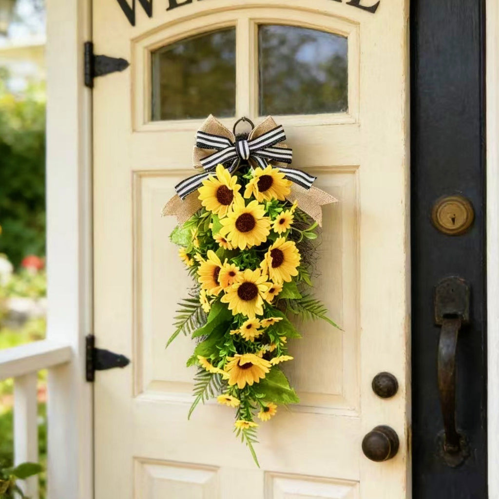 Farmhouse Sunflower Teardrop Swag – Artificial Front Door Wreath with Burlap Bow (24" Long)