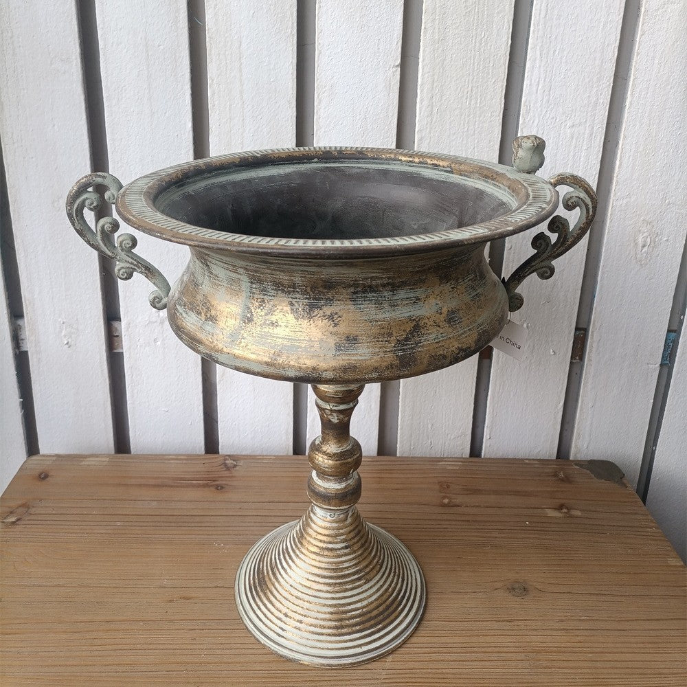 French Country Pedestal Planter Urn – Vintage Bird Trophy Garden Pot – Distressed Verdigris & Antique Gold (15.7" Tall)