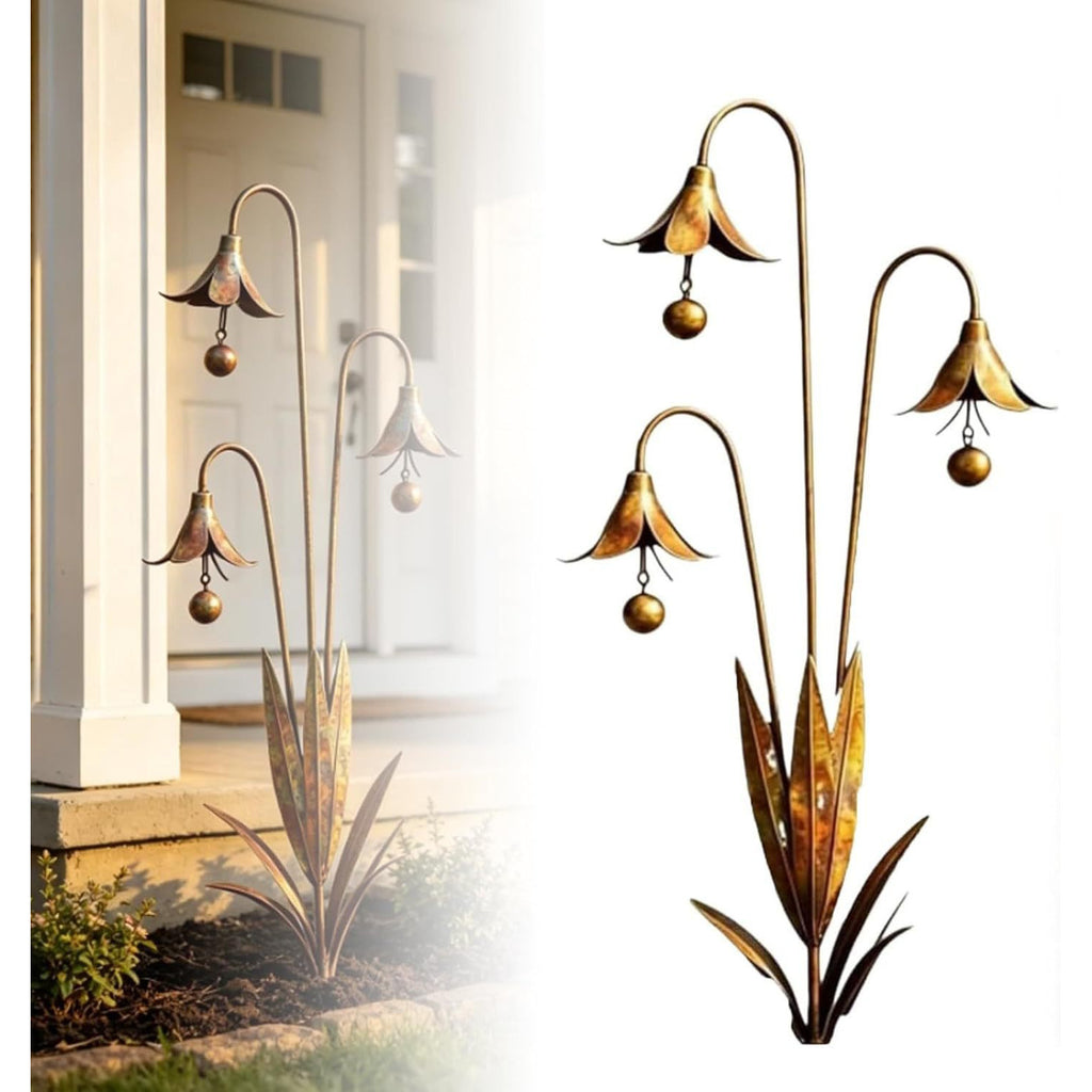 Copper-tone triple bellflower garden stake with three flower cups and hanging bead ornaments