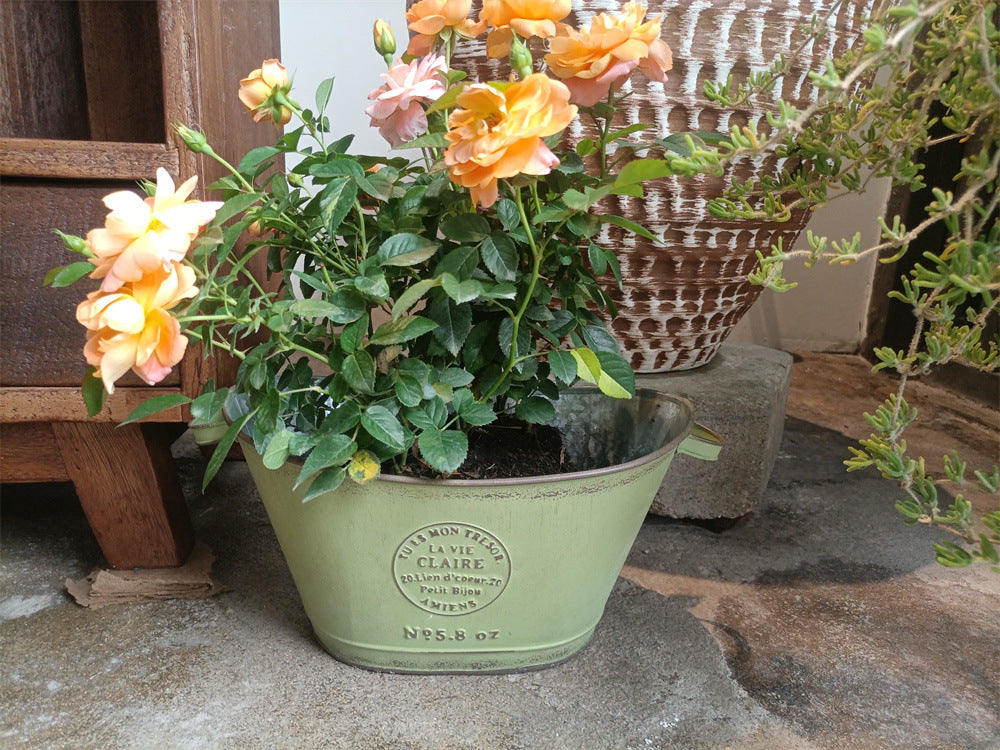 French Country Vintage Planter – Rustic "La Vie Claire" Oval Metal Tub (4 Colors)