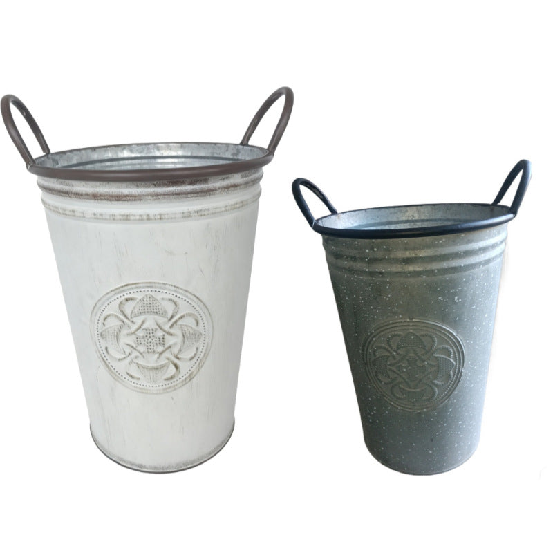 Vintage French Country Metal Planter Bucket with Double Handles