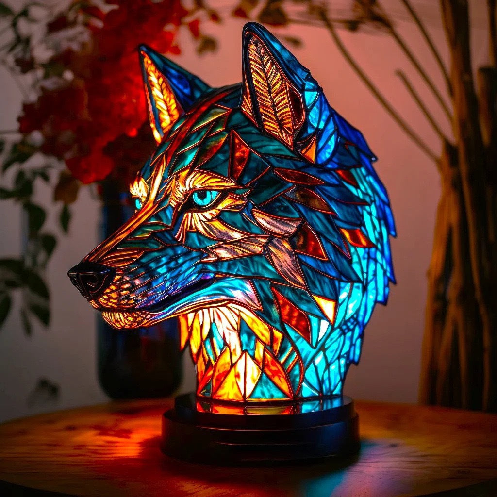 LED resin wolf head garden light with multicolor stained-glass style glow