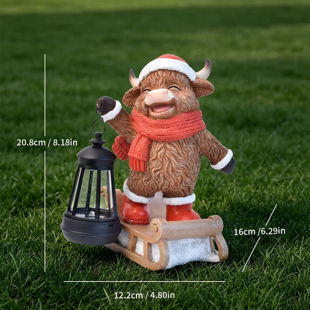 Hand-painted cow solar lantern statue on sleigh, red scarf, white hat, black lantern