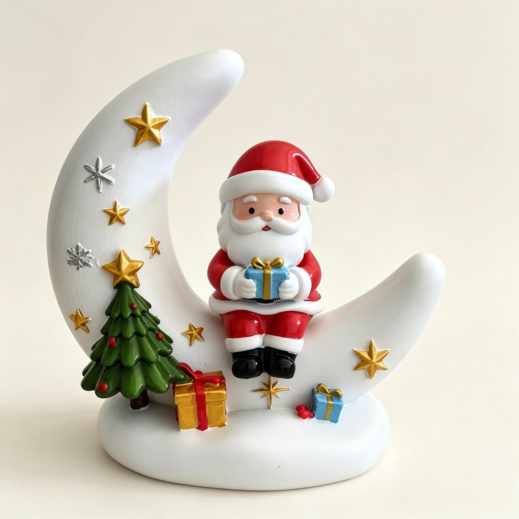 Lámpara nocturna USB con forma de luna de Papá Noel, con adornos de árbol y regalo.
