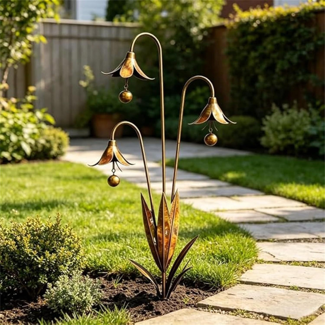 Copper-tone triple bellflower garden stake with three stems and hanging bead drops