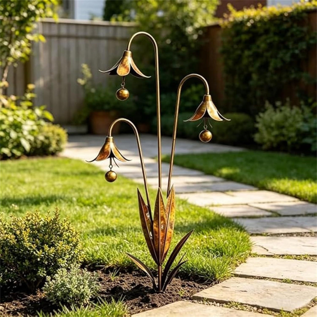 Copper-tone triple bellflower garden stake with three stems and hanging bead drops