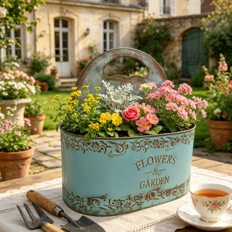 Vintage French Country Metal Planter Caddy with Handle (2 Colors)