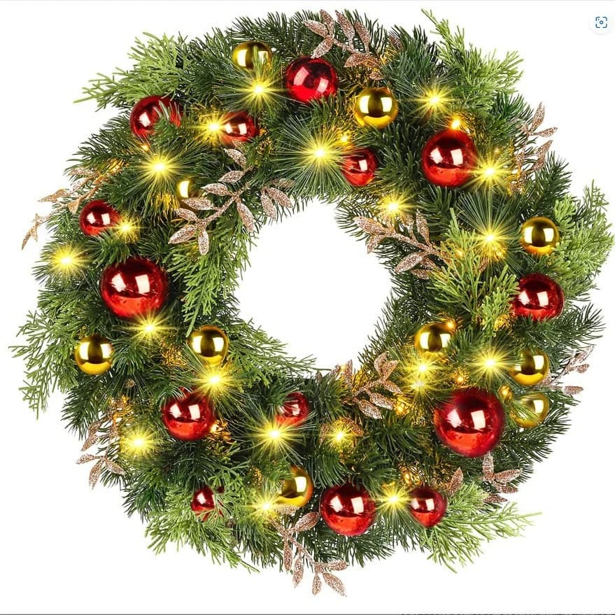 Pre-lit pine wreath with red and gold baubles, pinecones, and warm white LEDs