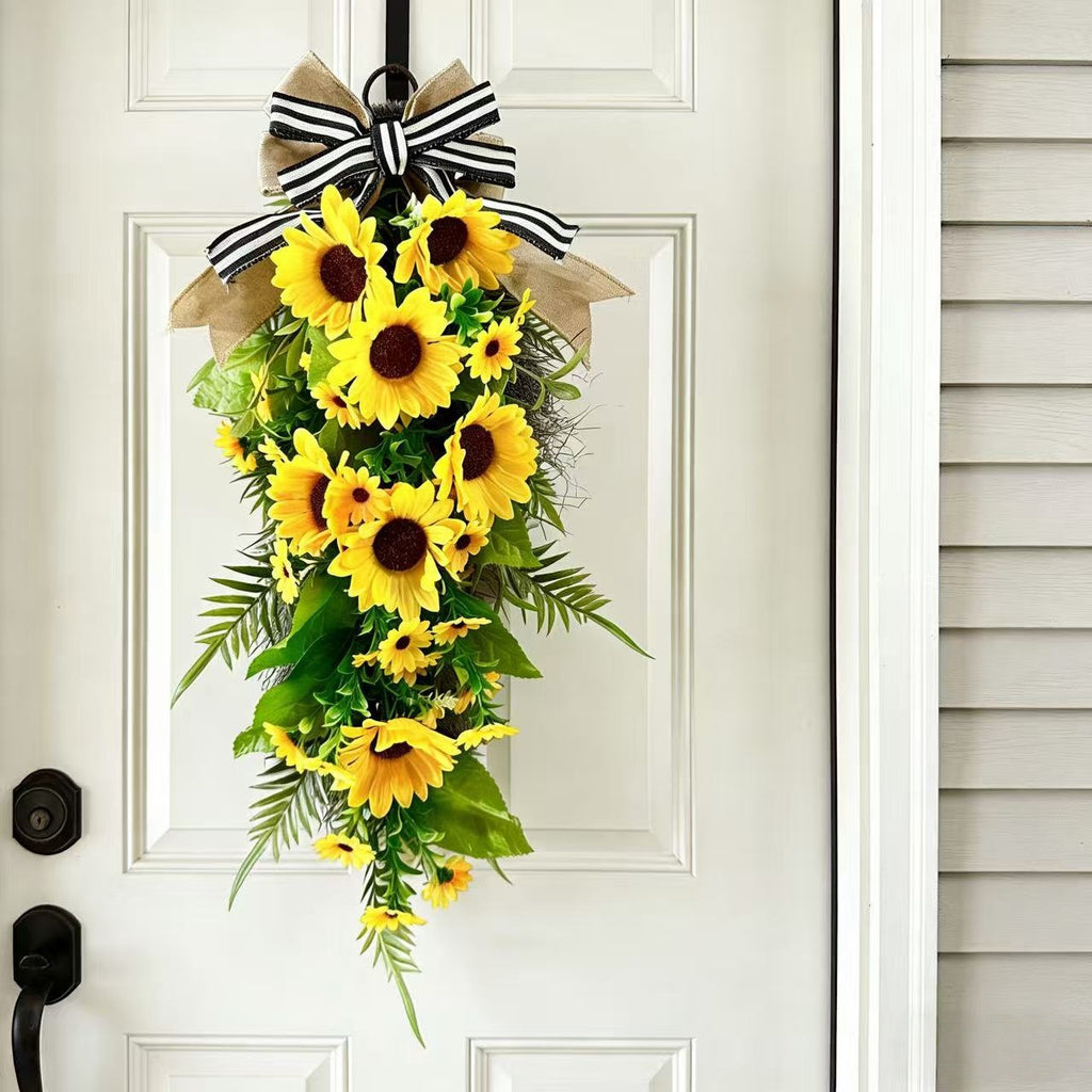 Farmhouse Sunflower Teardrop Swag – Artificial Front Door Wreath with Burlap Bow (24" Long)
