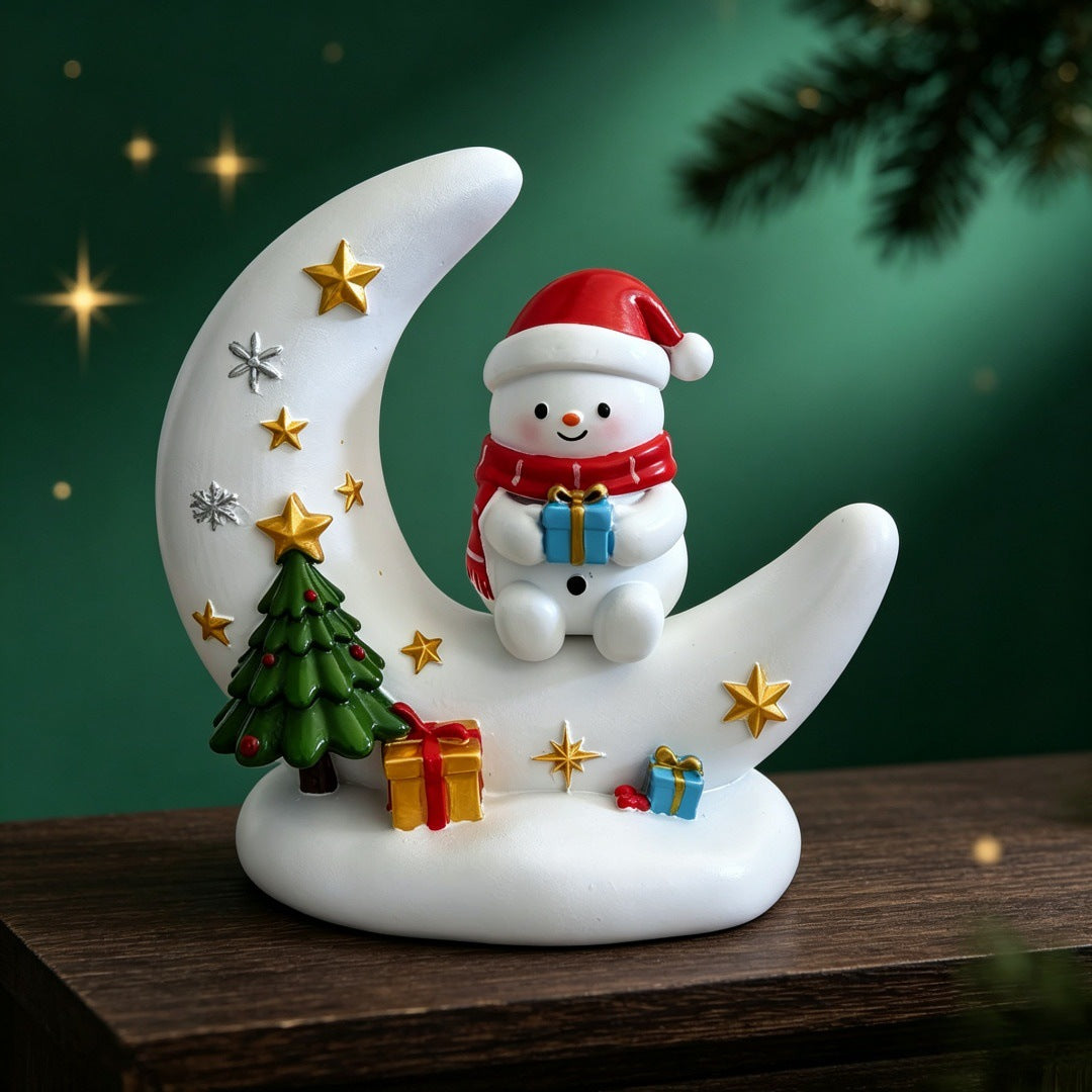 Luz nocturna USB con forma de luna y muñeco de nieve al estilo de Papá Noel sosteniendo un regalo.