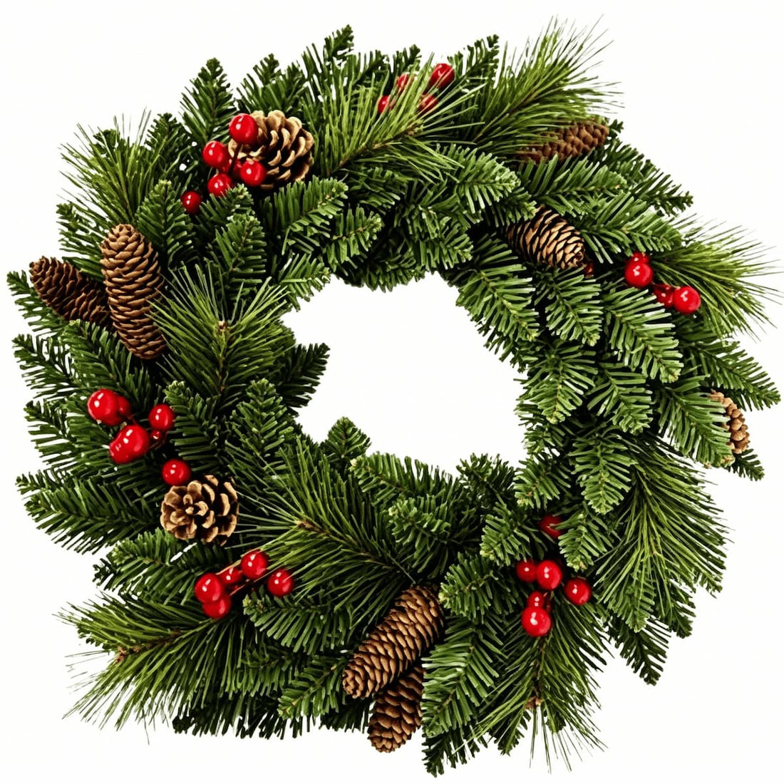Pre-lit Christmas wreath with green pine, red berries, pinecones, and warm white LEDs
