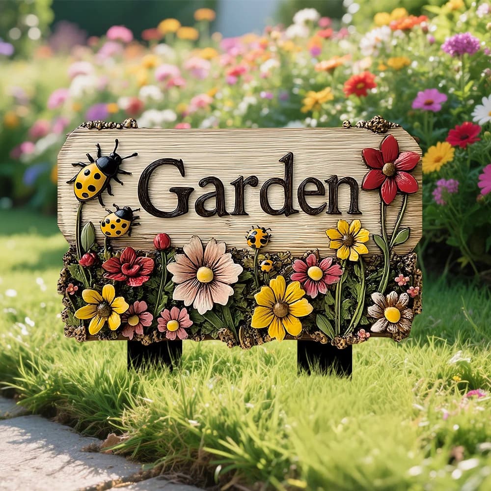 Floral wooden yard stake sign reading Garden, with colorful flowers and ladybugs