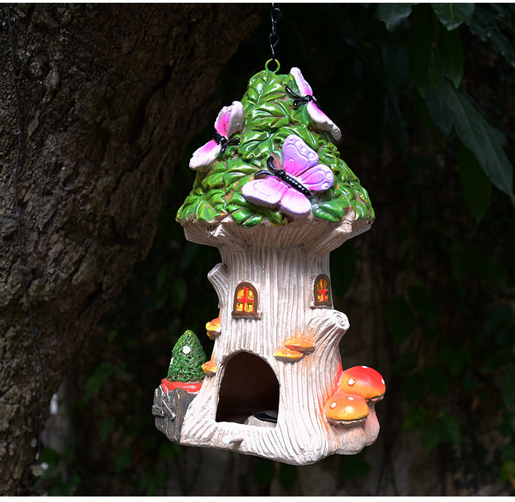 Solar Fairy Treehouse & Butterfly Lantern – Hand-Painted Glowing Woodland Garden Decor