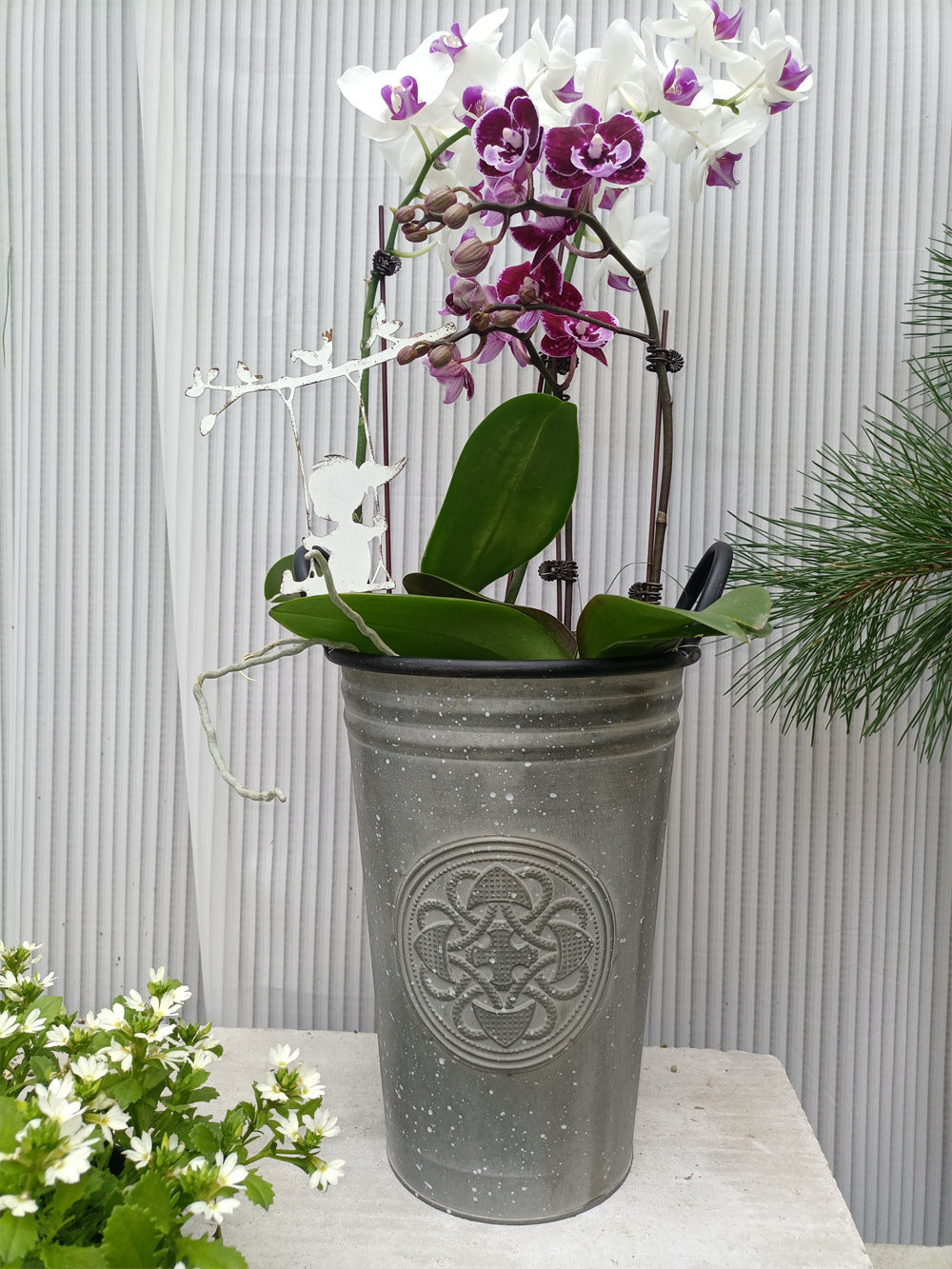 Vintage French Country Metal Planter Bucket with Double Handles