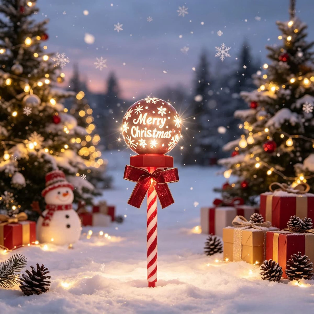Solar Christmas Snowflake Garden Lights – Set of 2 Red Ball Lawn Stakes