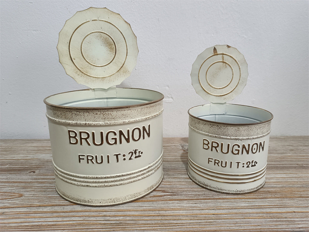 Vintage French Fruit Tin Can Planter Set (Set of 2) – Rustic Metal Garden Pots