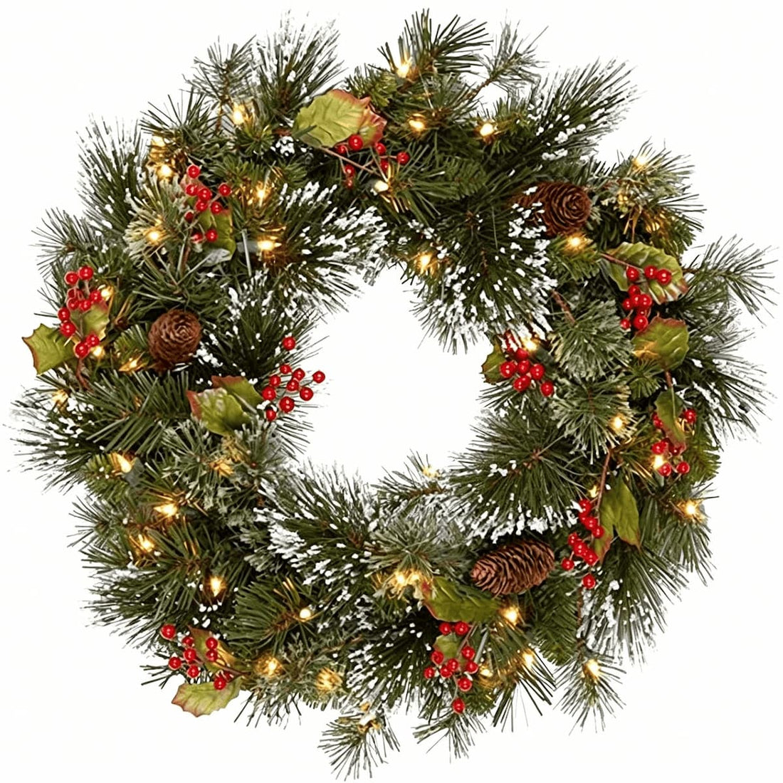 Pre-lit Christmas wreath with green pine, red berries, pinecones, and warm white LEDs