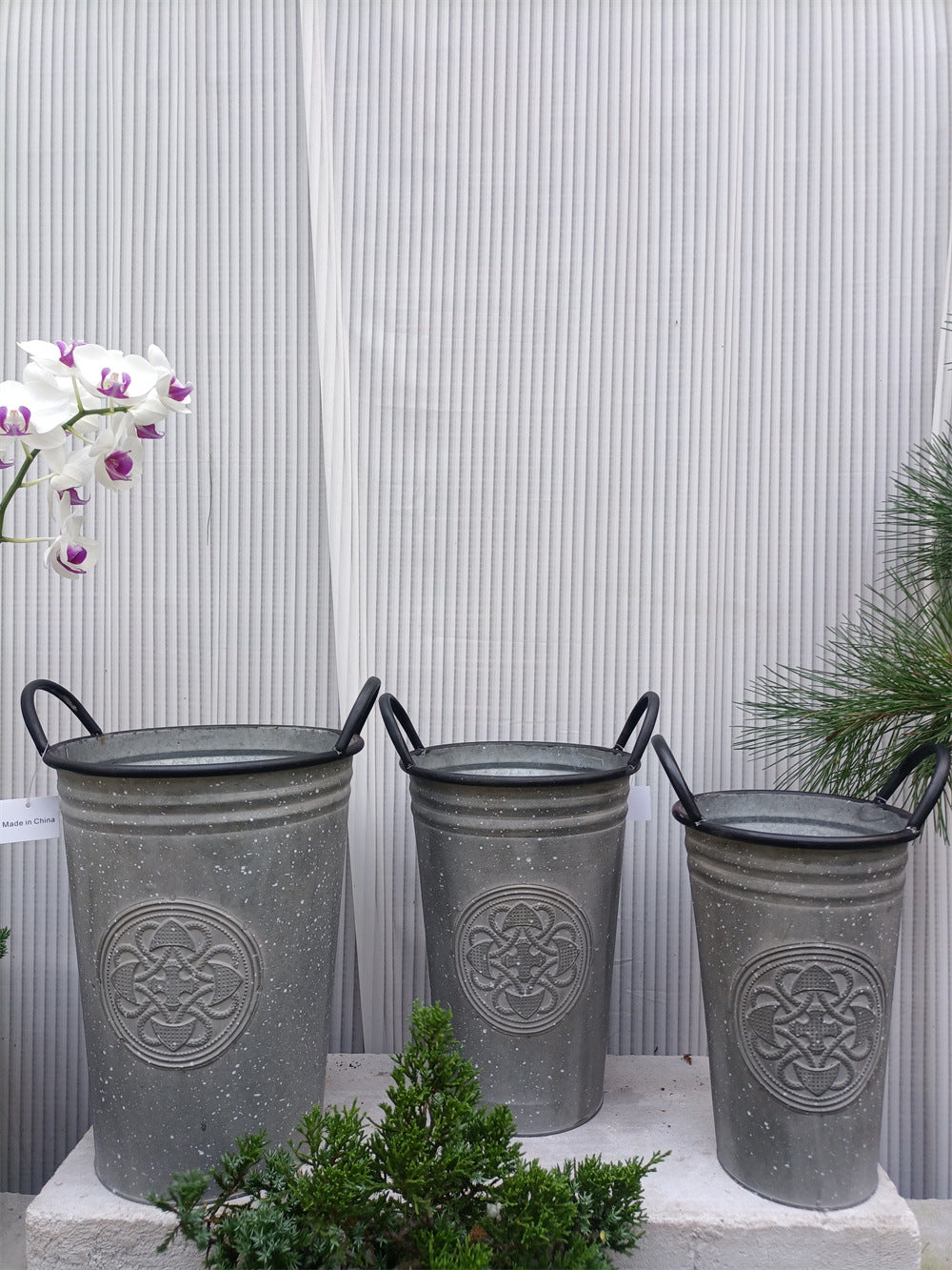 Vintage French Country Metal Planter Bucket with Double Handles