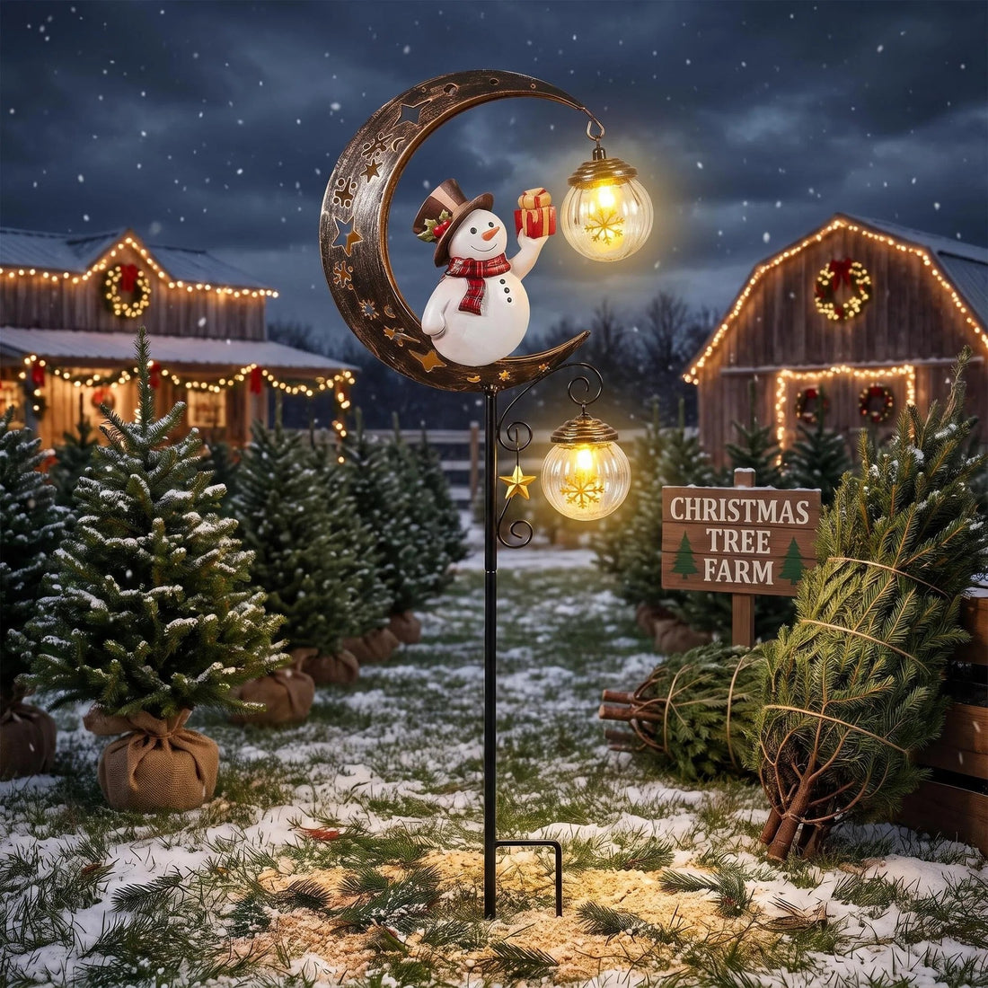 Luminous Winter Moon – Solar Metal Christmas Pathway Stake with Glowing Glass Orb (7 Styles)