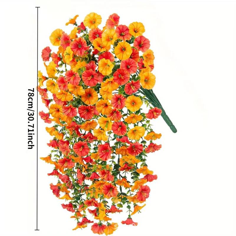 Artificial hanging vine flowers with orange and yellow blooms and green cascading stems.