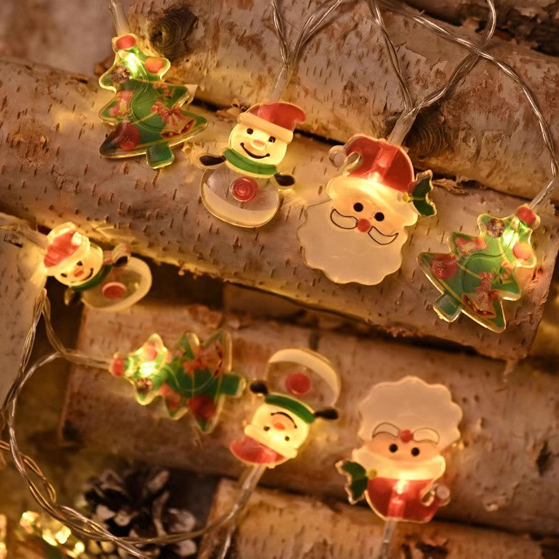 LED string lights with glowing snowman, nutcracker, gingerbread, and reindeer character charms