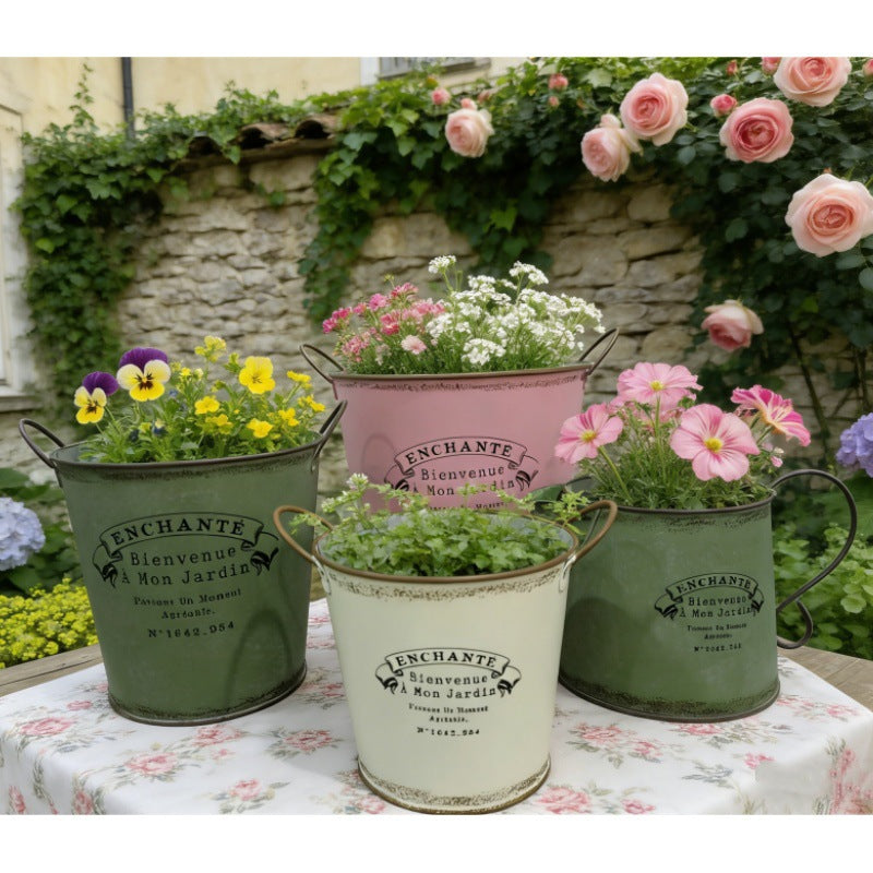 Vintage French Country Metal Planter Set of 4 – Rustic "Enchanté" Collection
