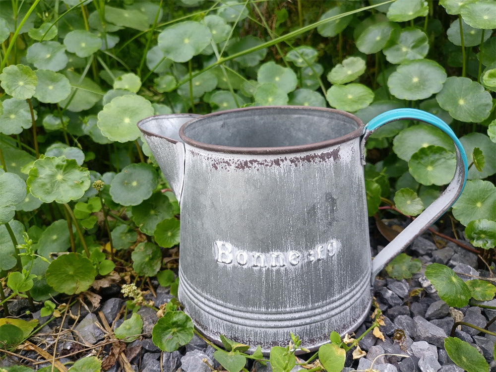 Vintage French Country Galvanized Planter – Distressed "Bonne" Metal Pot with Blue Handles (4 Styles)