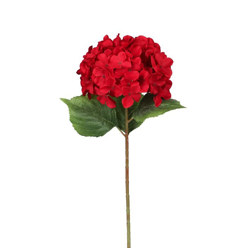 Faux hydrangea flower stem with red blooms and green leaves