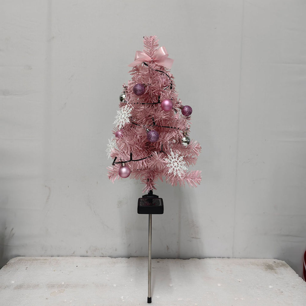 Pre-Lit Pink Solar Christmas Tree Pathway Stakes – Coquette Holiday Yard Decor with Ornaments (Set of 2)