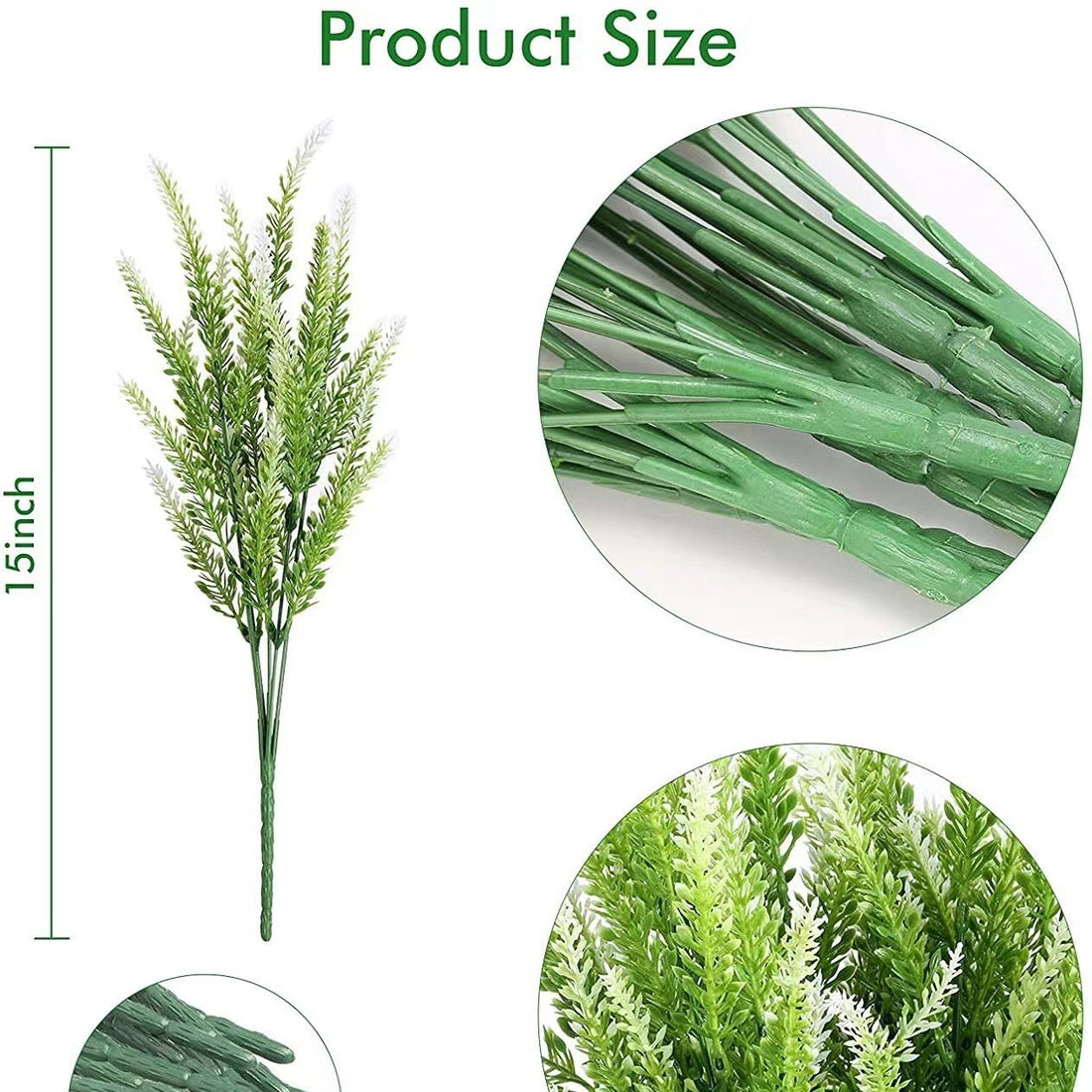 Artificial lavender flower bundle with pale green blooms on green stems, set size shown.