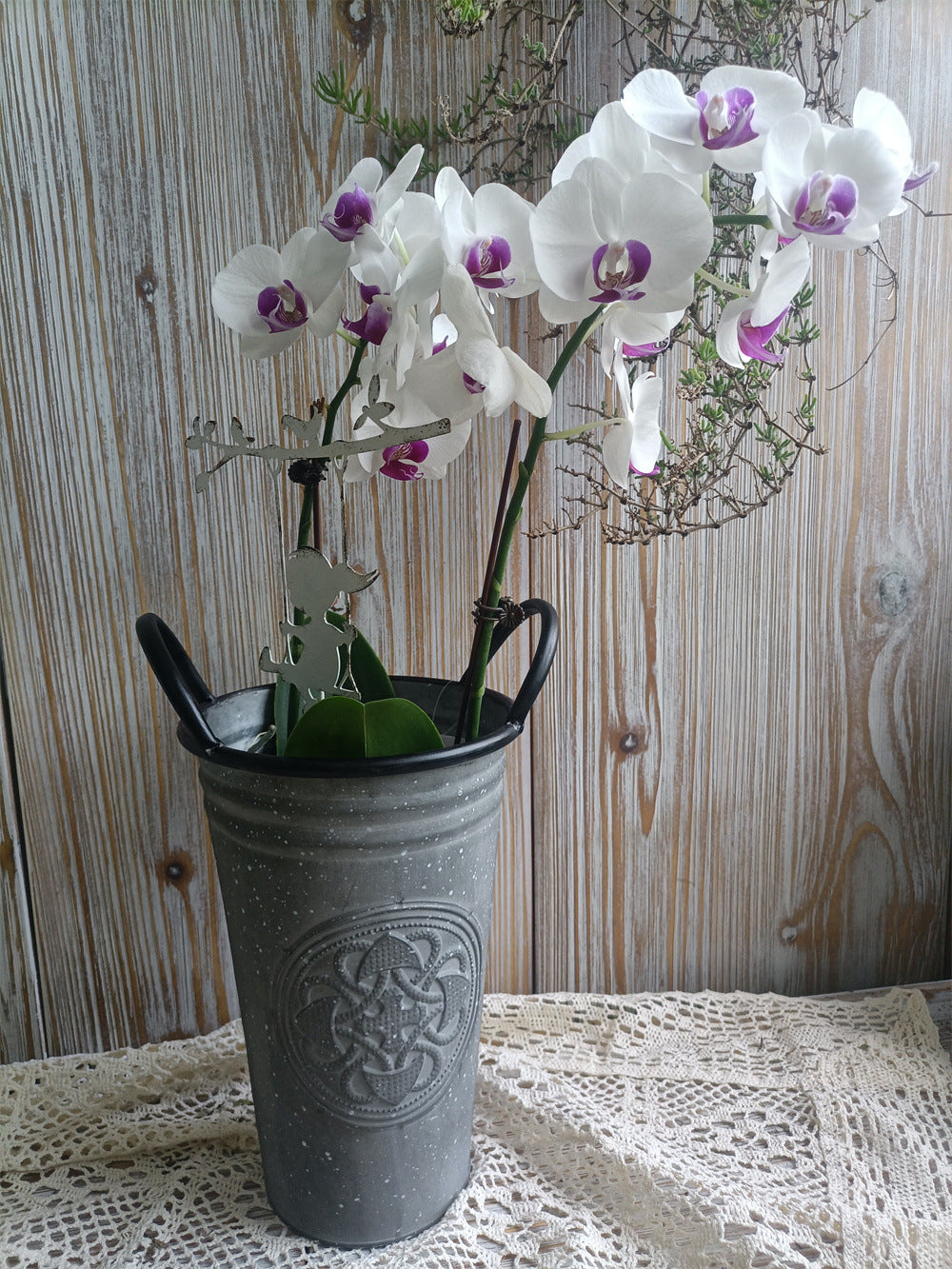 Vintage French Country Metal Planter Bucket with Double Handles