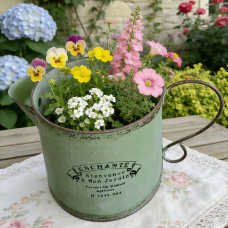 Vintage French Country Metal Planter Set of 4 – Rustic "Enchanté" Collection