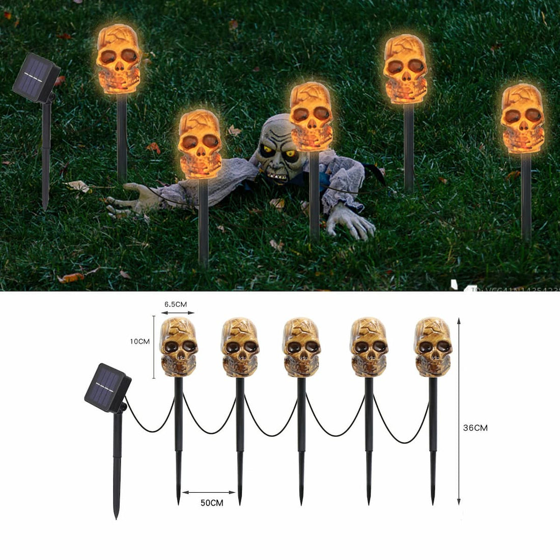 Halloween LED kranie havepæl lyskæde med solpanel og ophængt ledningsdiagram
