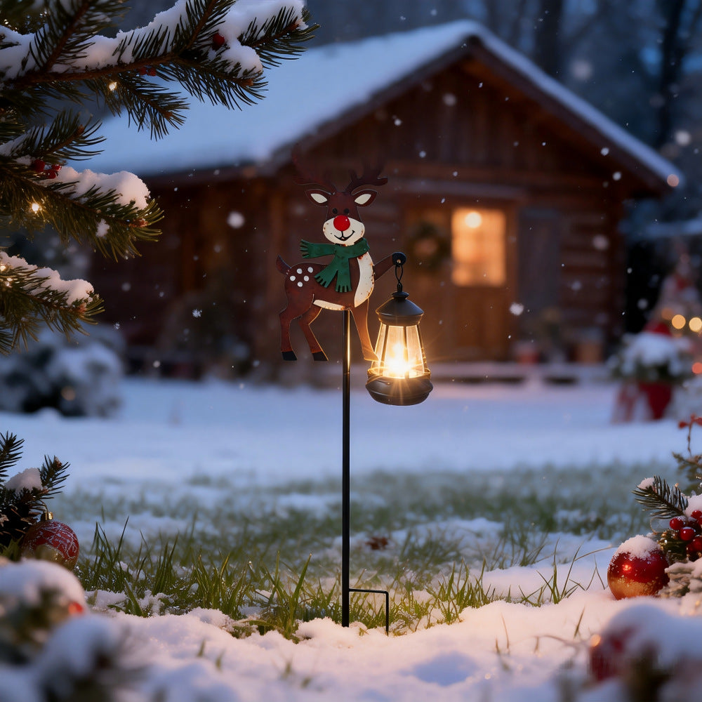 Luminous Winter Friends – Flat Metal Christmas Stake with Glowing Solar Lantern (32" Tall)