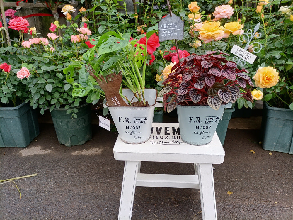 French Country Vintage Planter – Rustic "Coup de Foudre" Square-Top Metal Bucket (2 Colors)