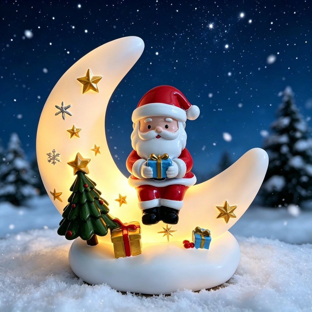 Lámpara de noche con forma de luna de Papá Noel, estrellas brillantes, árbol y regalos envueltos.