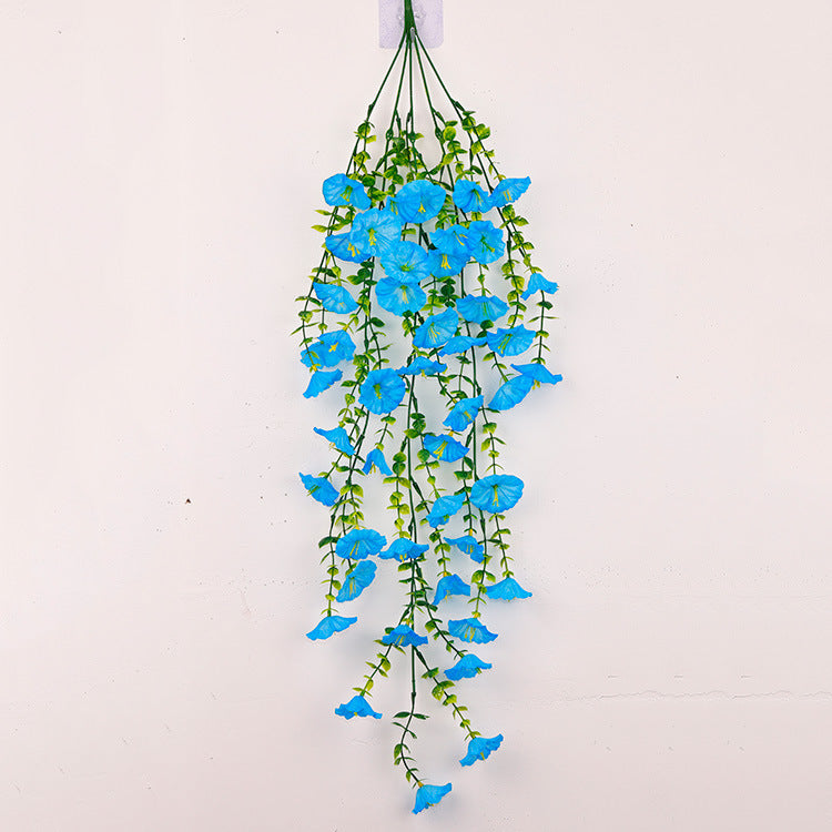 Hanging artificial morning glory vine with blue flowers and trailing green leaves