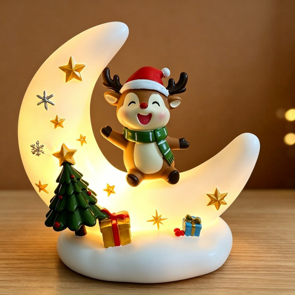 Figura de reno con luz nocturna de luna, estrellas brillantes y árbol de Navidad.