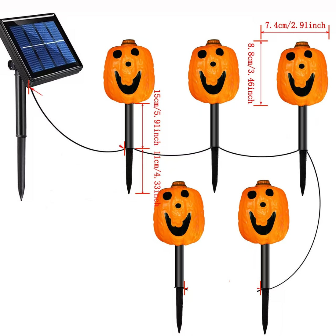 Orange græskarlygte LED-havelyskæde med pæle, solpanel og pæle