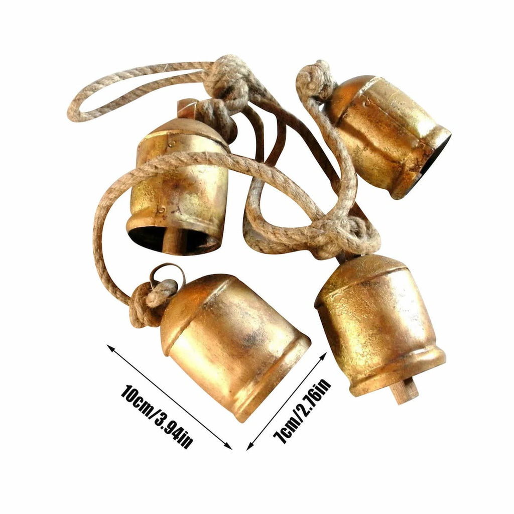 Rustikales Kuhglocken-Set aus Metall mit Seilbefestigung, bronze-goldene Oberfläche, 5 Glocken