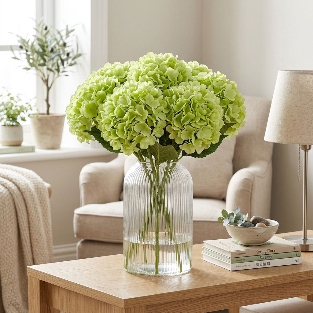 Lifelike Faux Hydrangea Stems – Romantic Artificial Silk Flowers (Set of 5 Large Blooms)