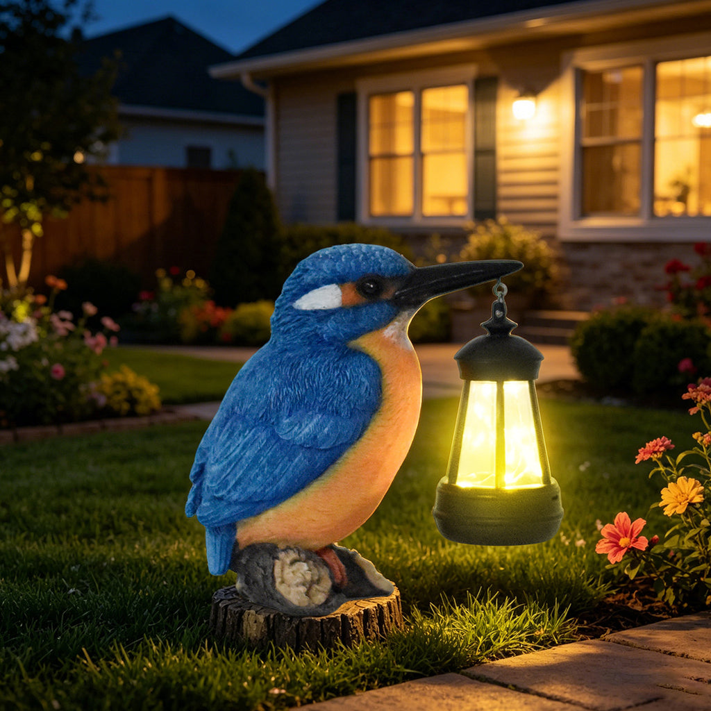 Luminous Kingfisher Solar Lantern Statue – Hand-Painted Resin Garden Bird Sculpture (7" Tall)