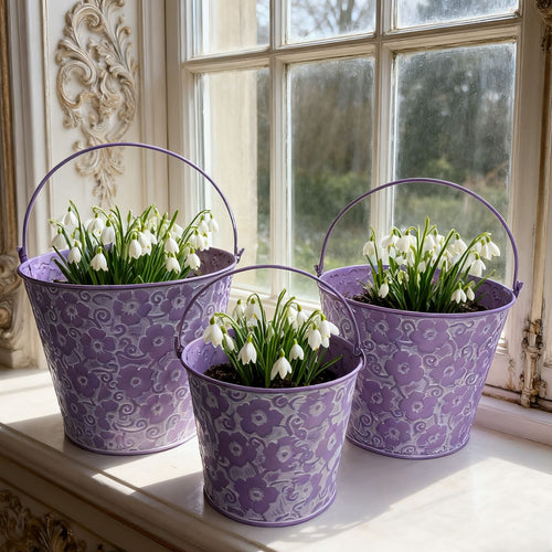 French Country Embossed Metal Planters – Vintage Floral Bucket Cachepots (Set of 3)