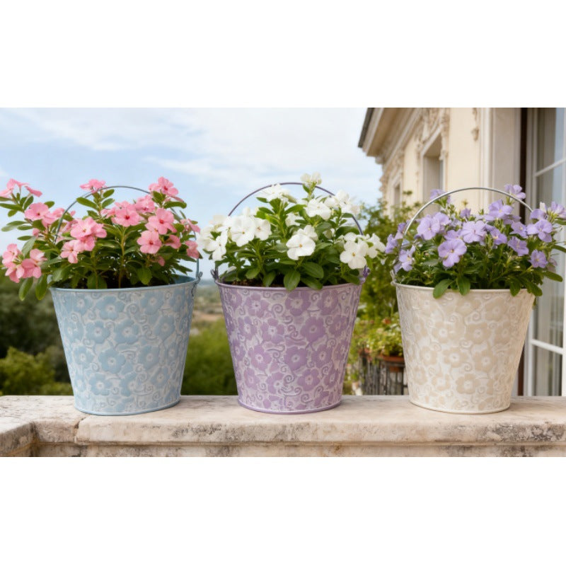 French Country Embossed Metal Planters – Vintage Floral Bucket Cachepots (Set of 3)