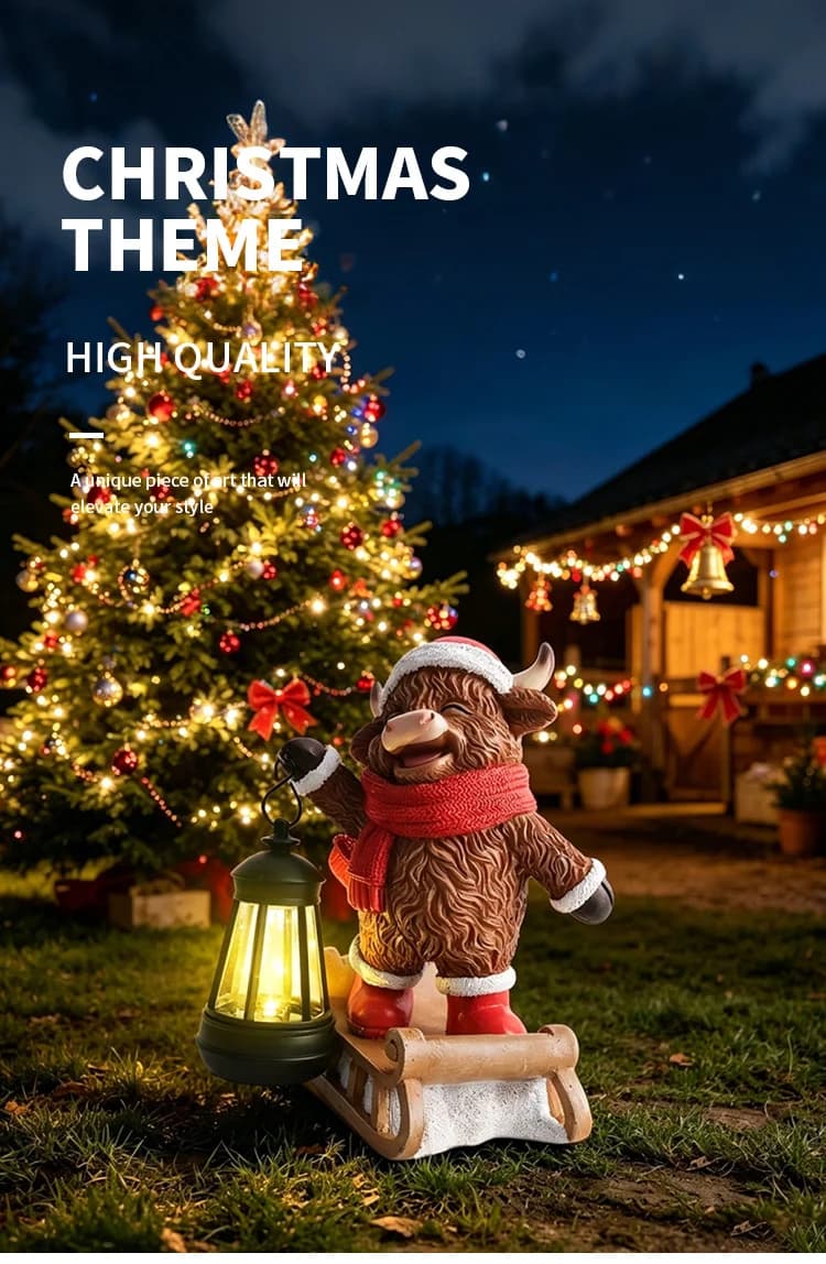 Cow rocking sleigh solar lantern statue with glowing lantern, red scarf and Santa-style hat