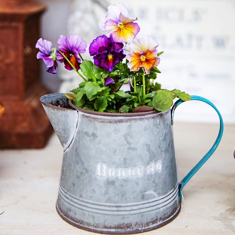 Vintage French Country Galvanized Planter – Distressed "Bonne" Metal Pot with Blue Handles (4 Styles)