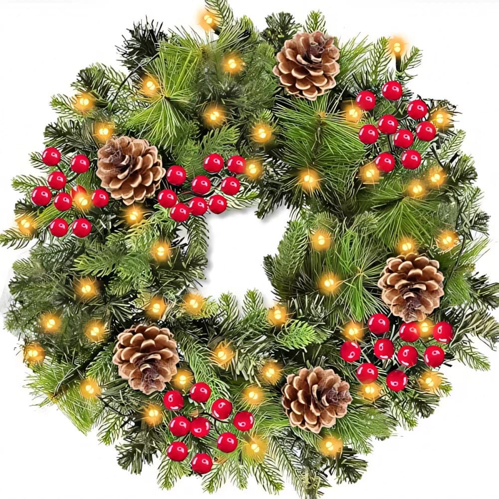 Pre-lit Christmas wreath with pinecones, red berries, and warm white LED lights