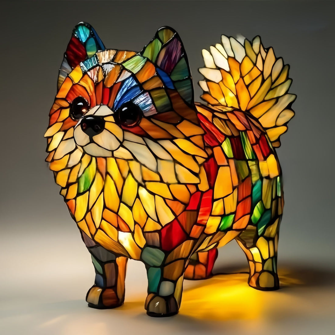 Standing dog mosaic resin LED garden light with multicolor stained-glass body and glowing base