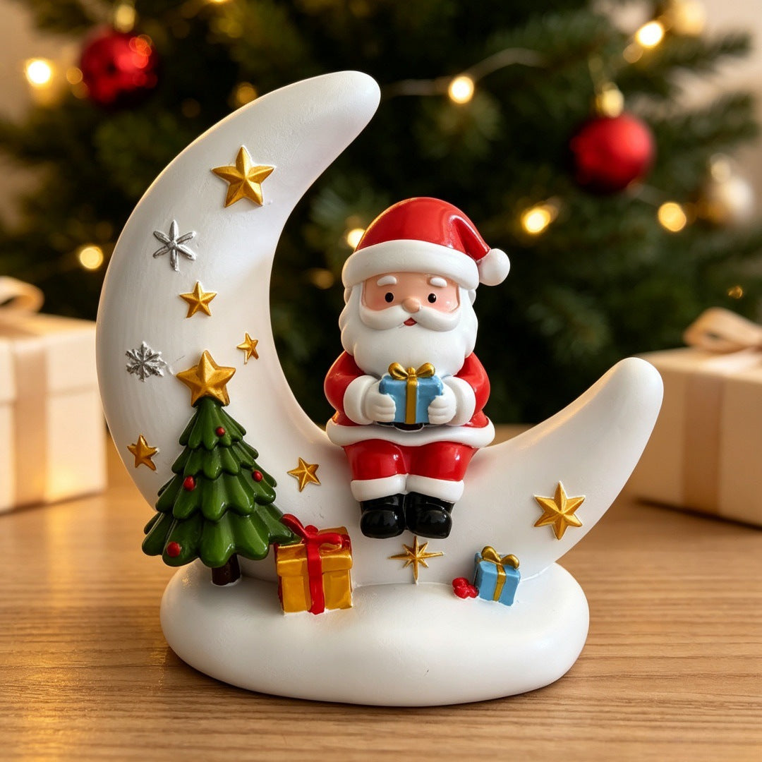 Lámpara nocturna USB con forma de luna de Papá Noel, con detalles de luces en forma de árbol y regalo.