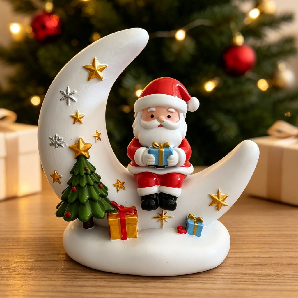Lámpara nocturna USB con forma de luna de Papá Noel, con detalles de luces en forma de árbol y regalo.